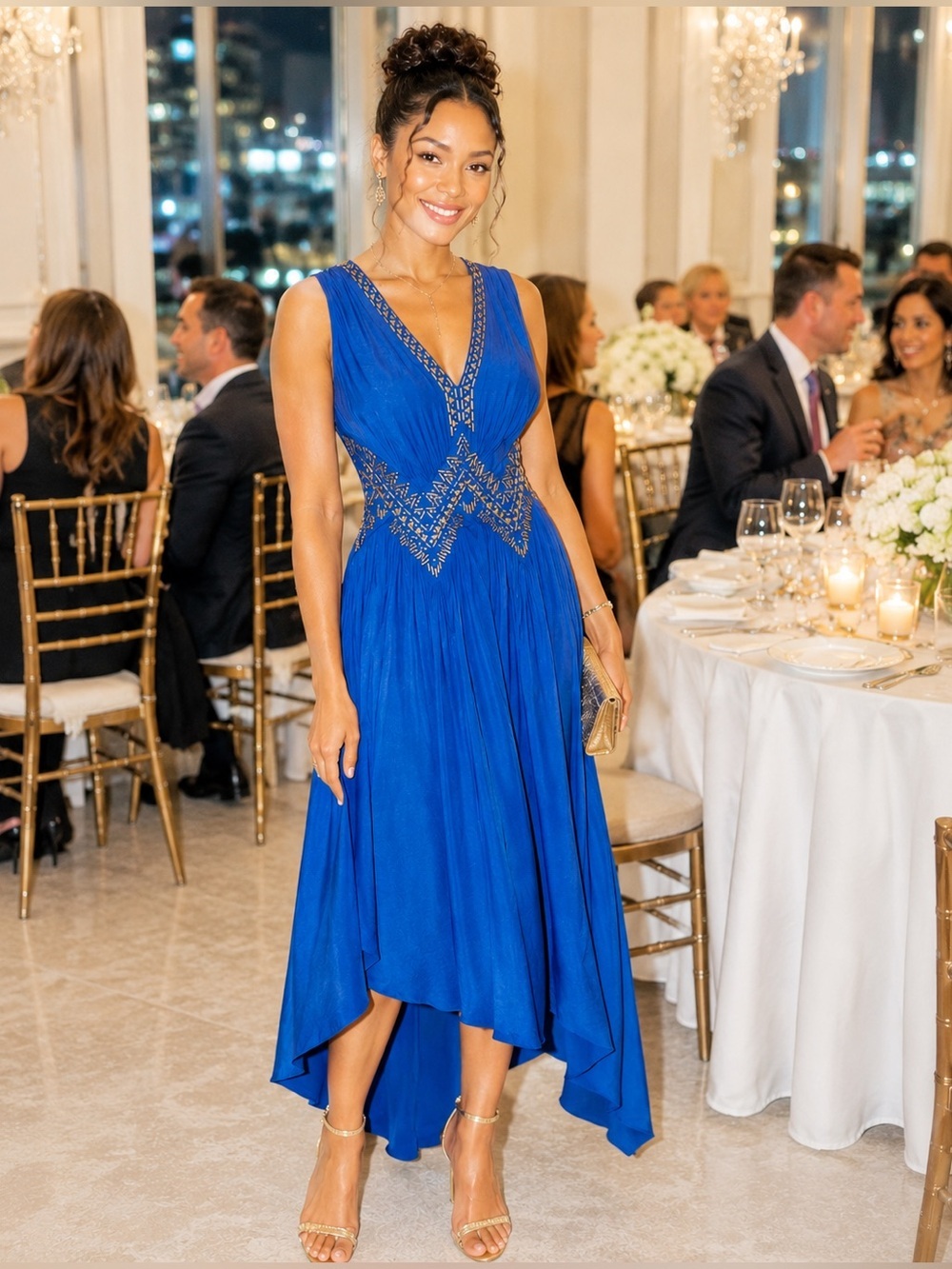 NWT Ramy Brook SZ 00 azure blue “Demi” dress w/bronze accents/bust 36” waist 26”